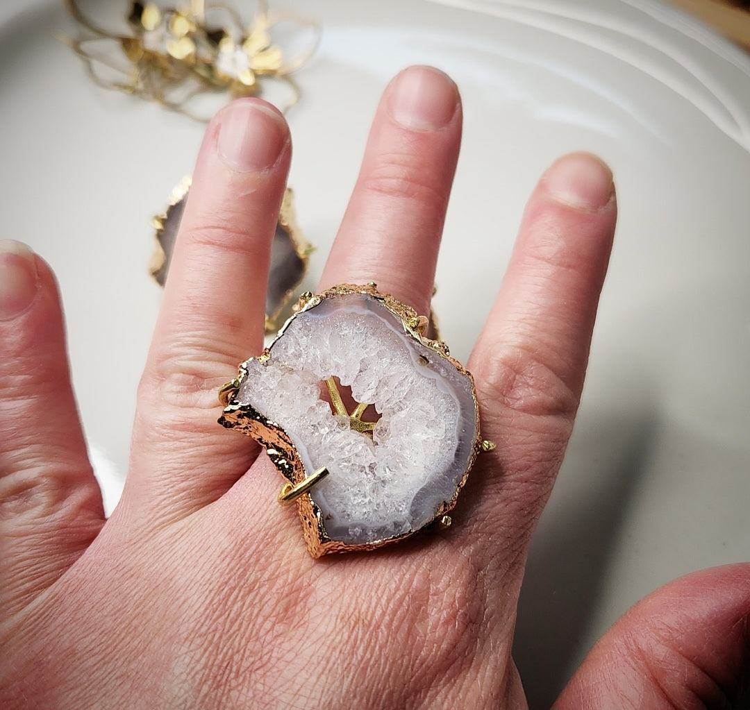 Gold Plated Geode/Agate Slice Solitaire Adjustable Rings