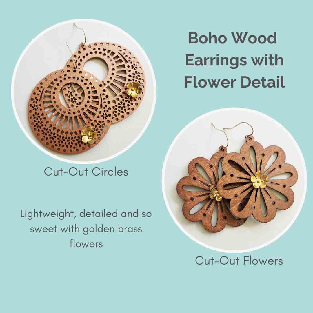 Wood & Brass Flower Boho Dangle Earrings, Polka Dot Details