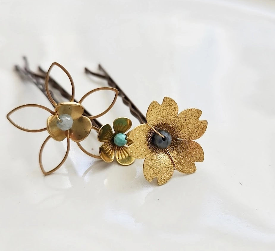 Brass Flower and Aquamarine, Turquoise and Lapis Hairpins