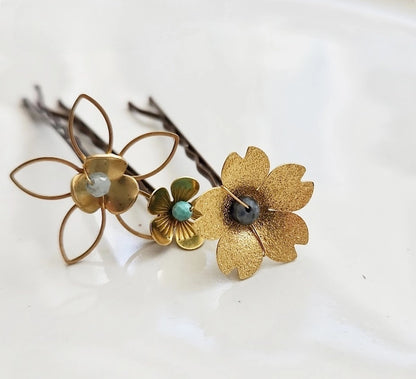 Brass Flower and Aquamarine, Turquoise and Lapis Hairpins
