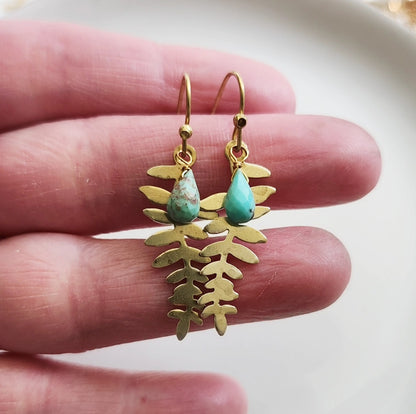 Turquoise Droplet and Whimsical Leaf Dangle Easter Earrings