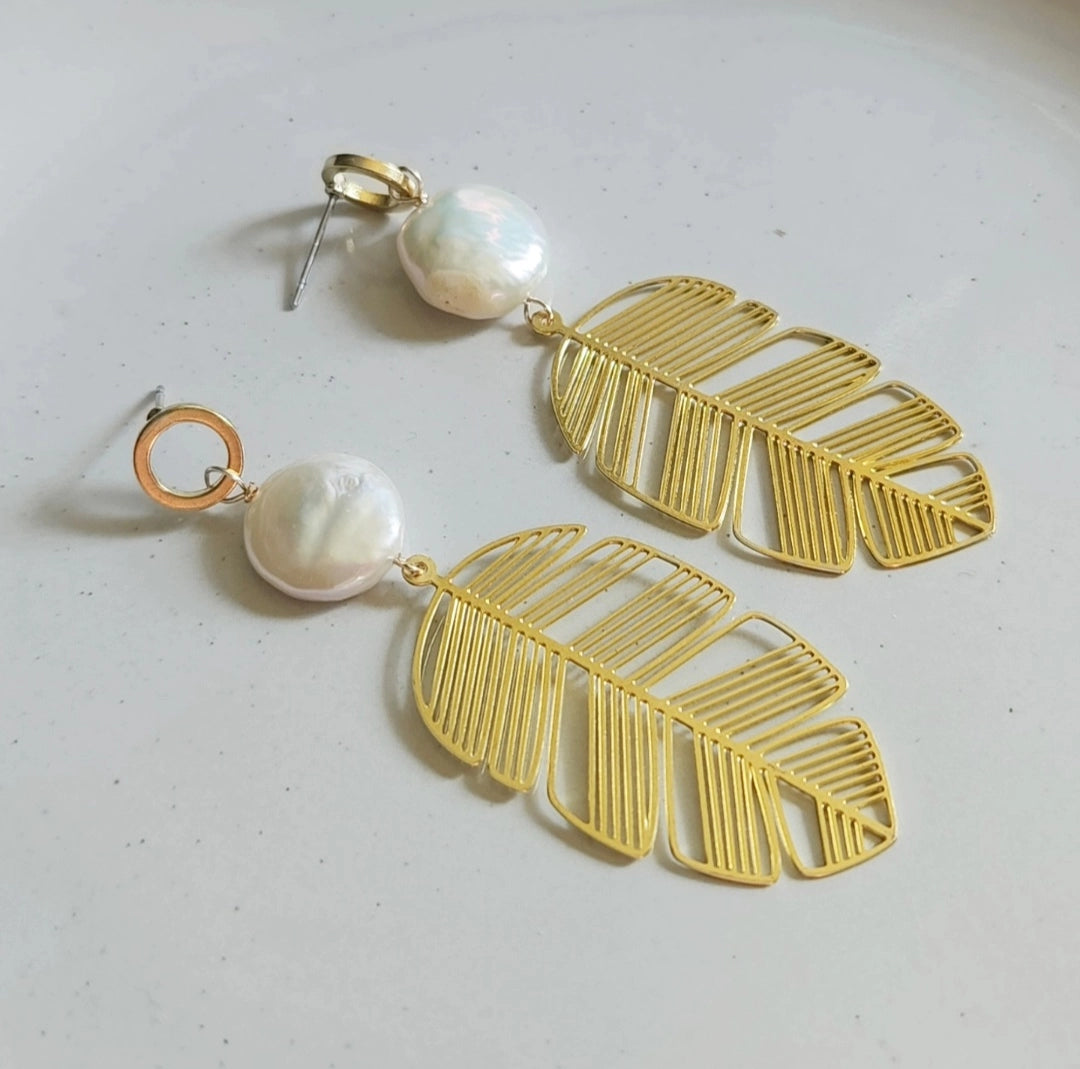 Freshwater Pearl and Monstera Leaf Post and Dangle Earrings