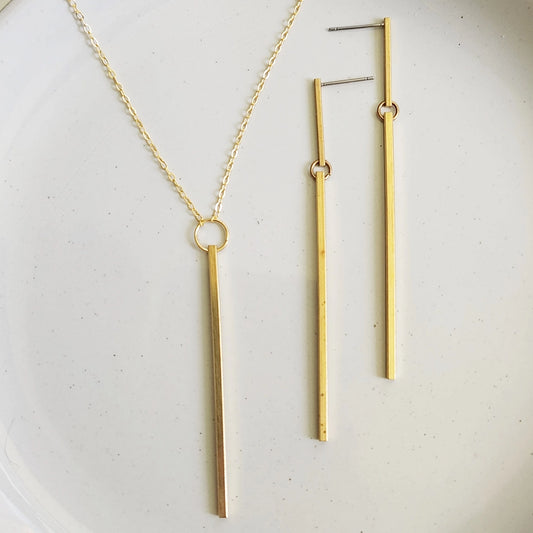 Brass Bar Long Dangle & Post Earrings and Pendant Necklace