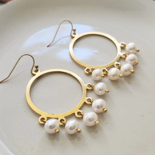White Freshwater Pearl & Brass Chandelier Statement Jewelry