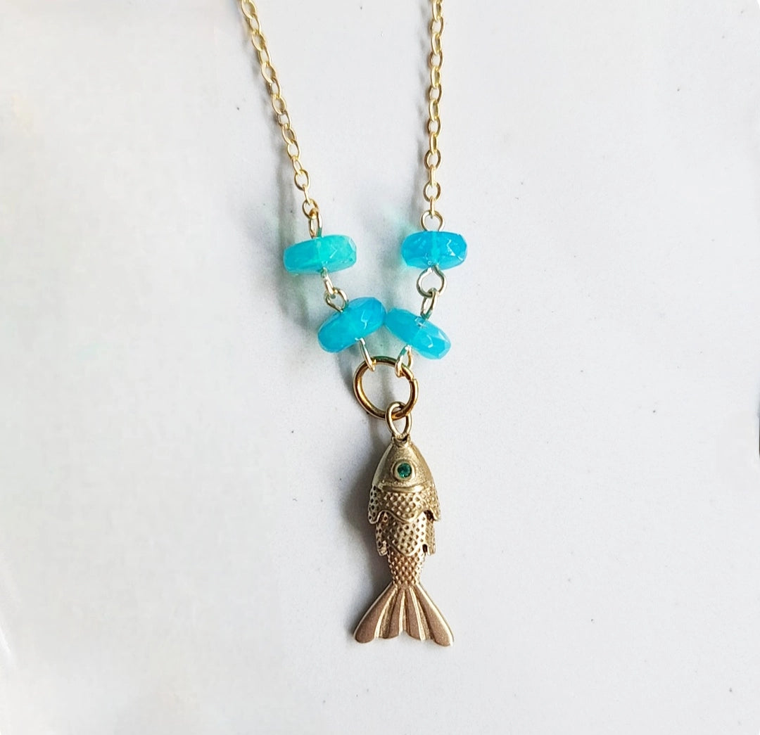 Fish Charm and Gemstone Pendant Necklaces, Pisces Zodiac