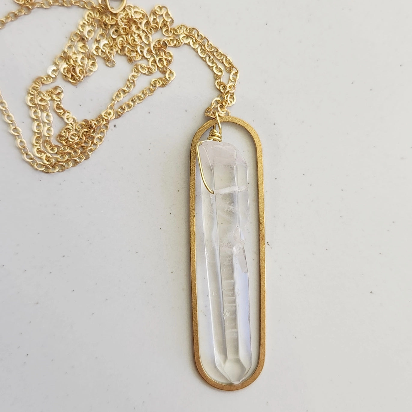 Clear Quartz Crystal and Brass Oval Pendant and Earrings