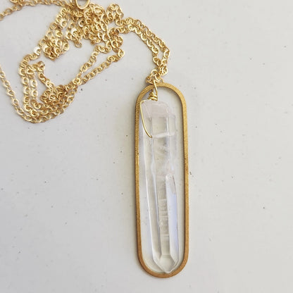Clear Quartz Crystal and Brass Oval Pendant and Earrings