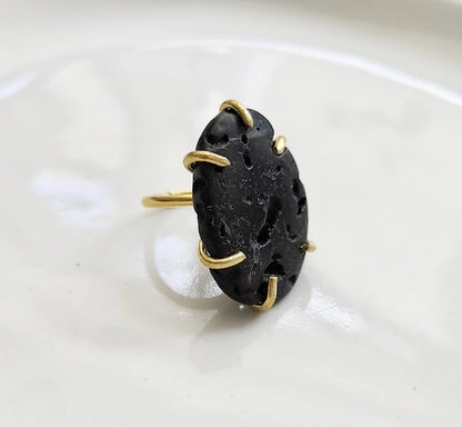 Natural Black Lava Rock and Brass Adjustable Ring