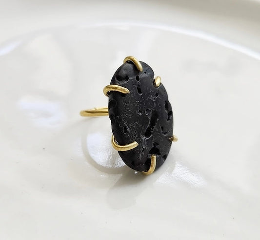 Natural Black Lava Rock and Brass Adjustable Ring