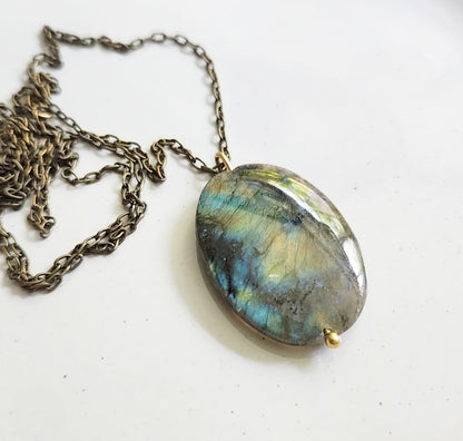 Rainbow Labradorite & Antiqued Brass Chain Pendant Necklace