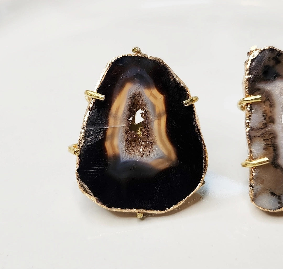 Gold Plated Geode/Agate Slice Solitaire Adjustable Rings