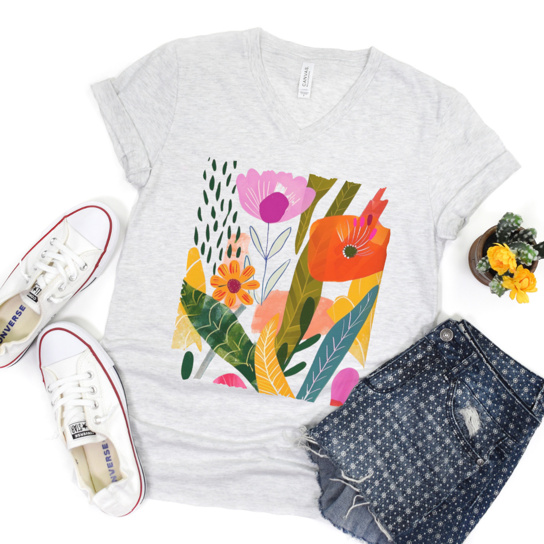 Modern Art Plant Print - Short Sleeve V Neck