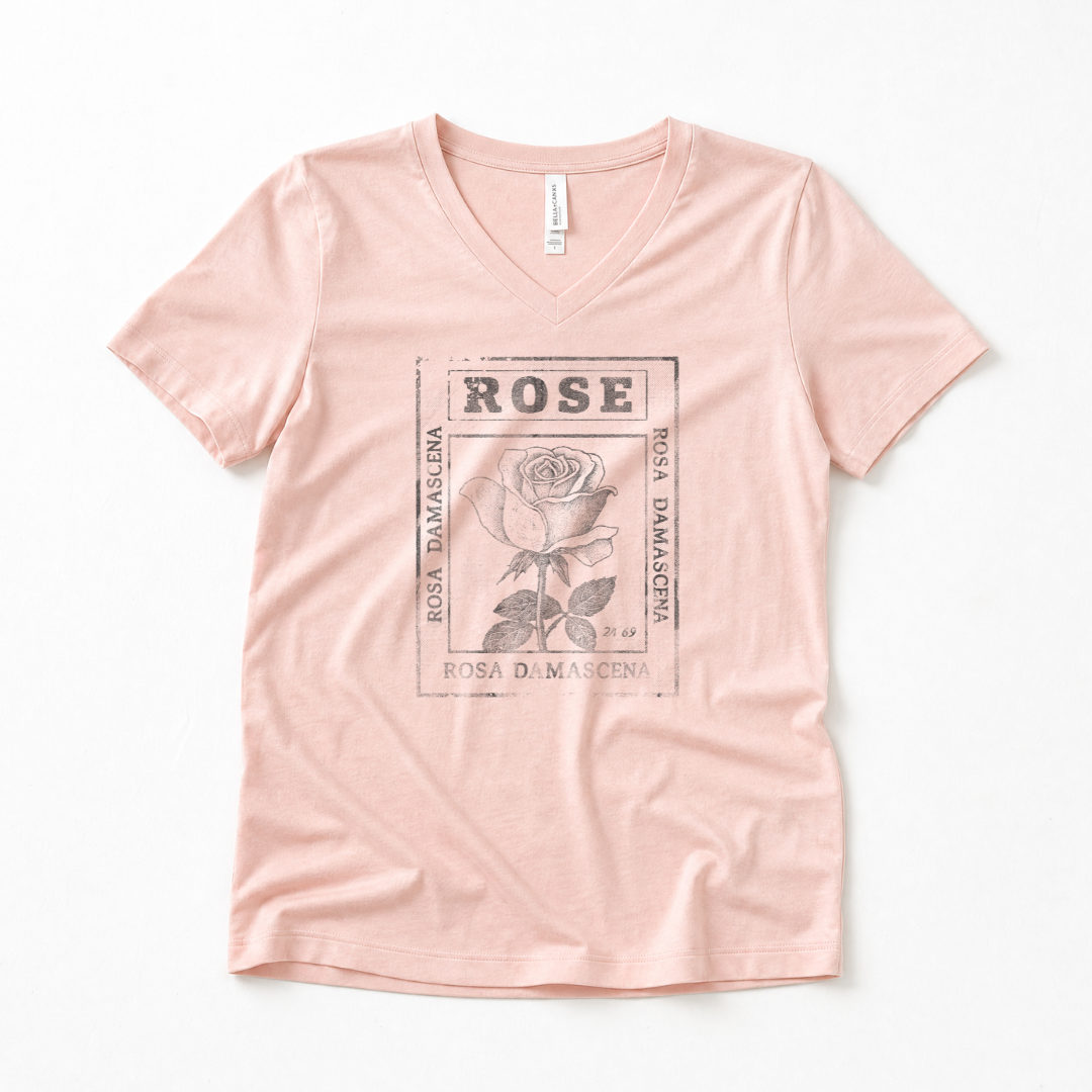 Rosa Damascena, Vintage Faded Print - Super Soft V-Neck