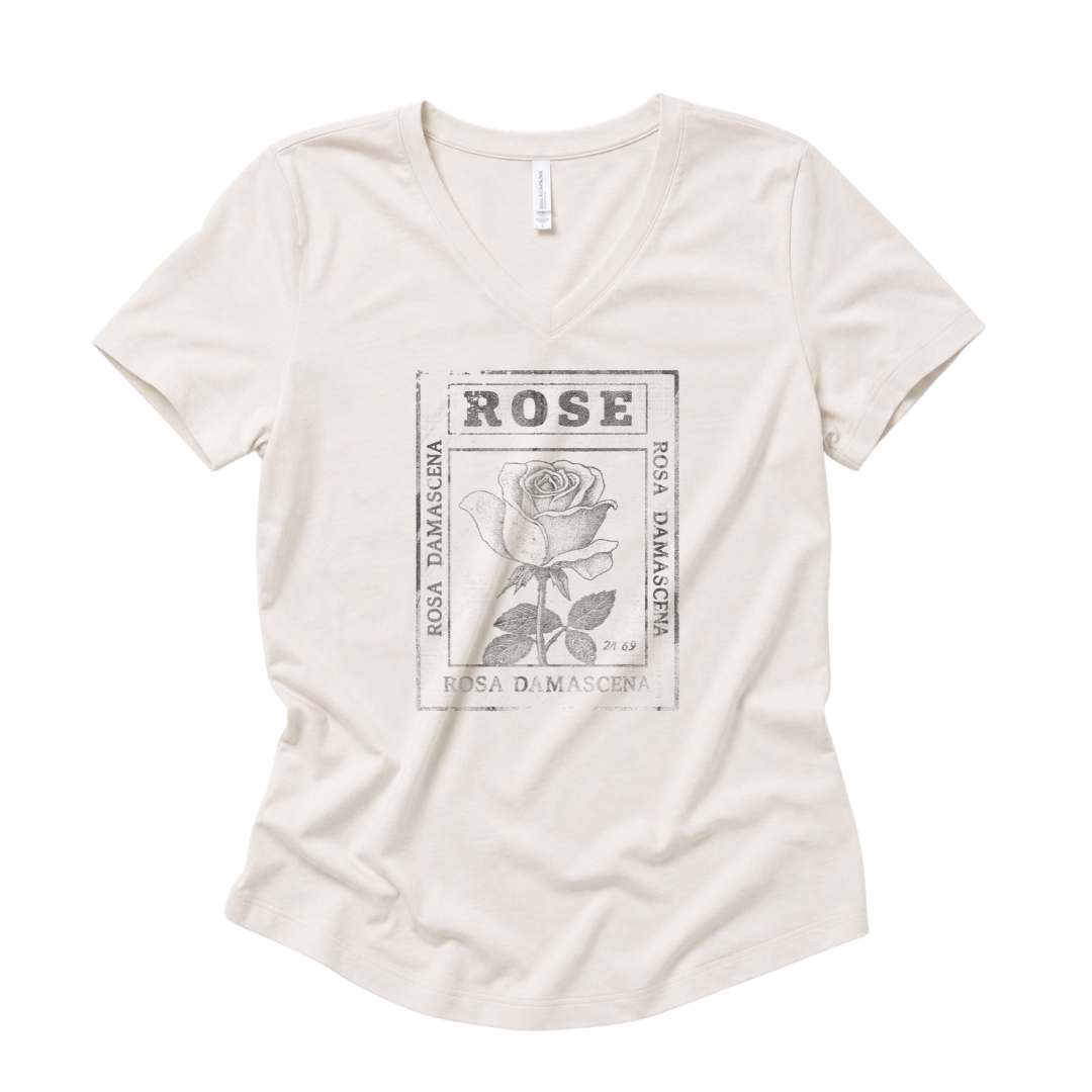 Rosa Damascena, Vintage Faded Print - Super Soft V-Neck