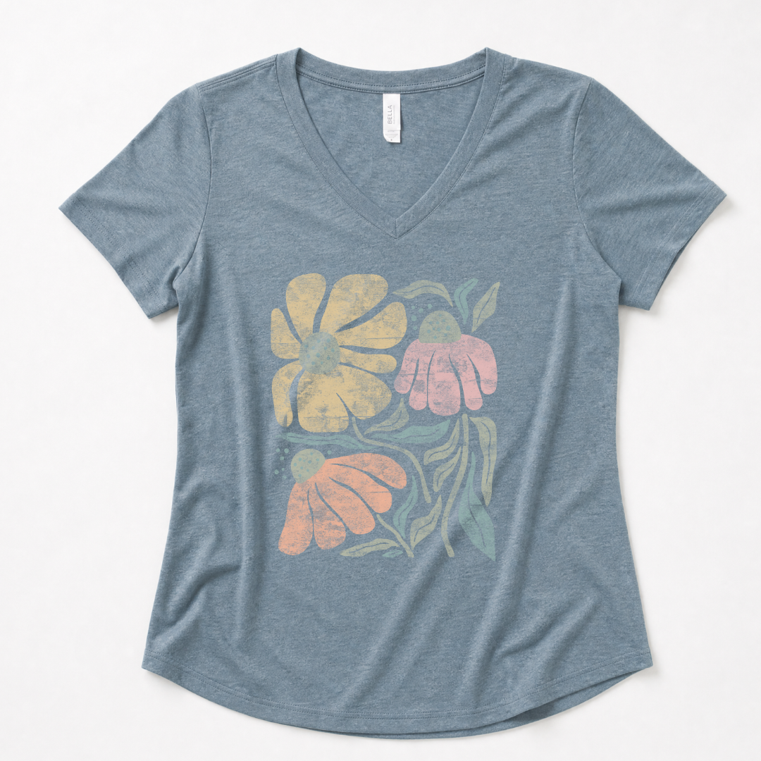 Faded Funky Floral Print - Super Soft V Neck