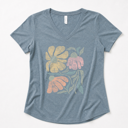 Faded Funky Floral Print - Super Soft V Neck