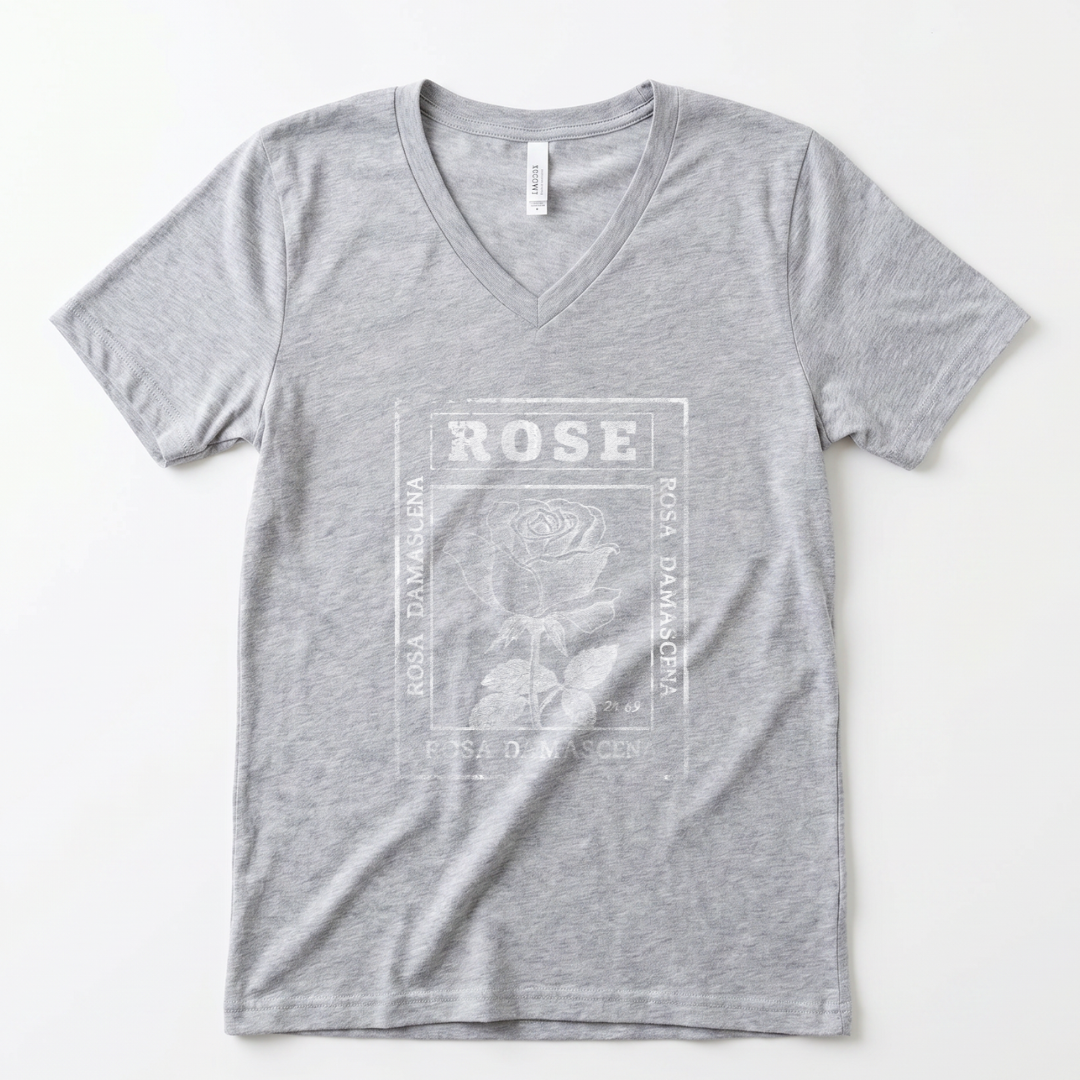 Rosa Damascena, Vintage Faded Print - Super Soft V-Neck