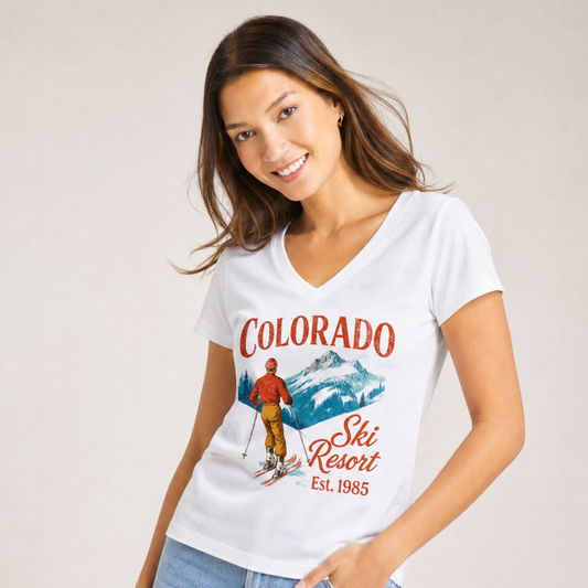 Colorado Ski Resort, Vintage Patina Print - Super Soft V Neck