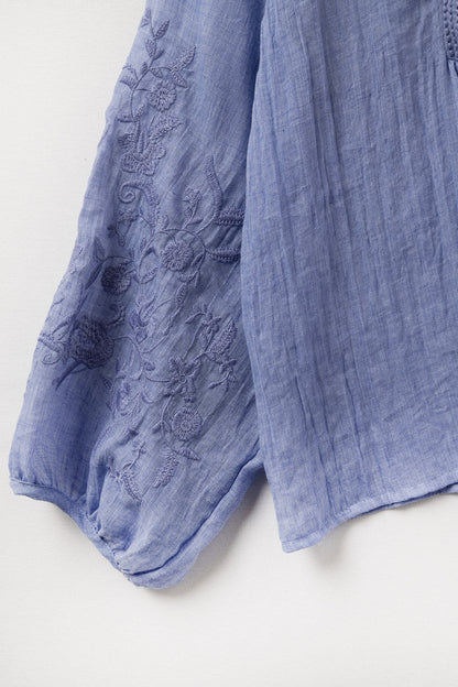 Blue Chiffon Blouse With Embroidery on the Sleeves