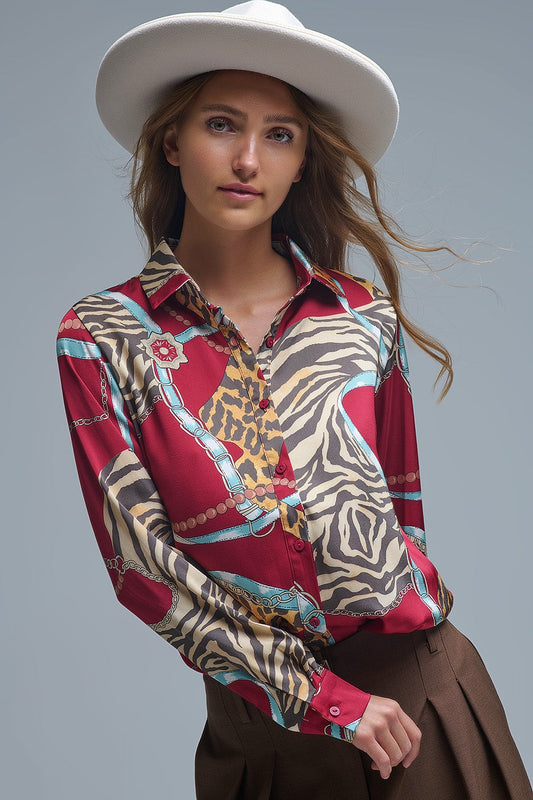 Bold Red Abstract Print Long-Sleeved Shirt