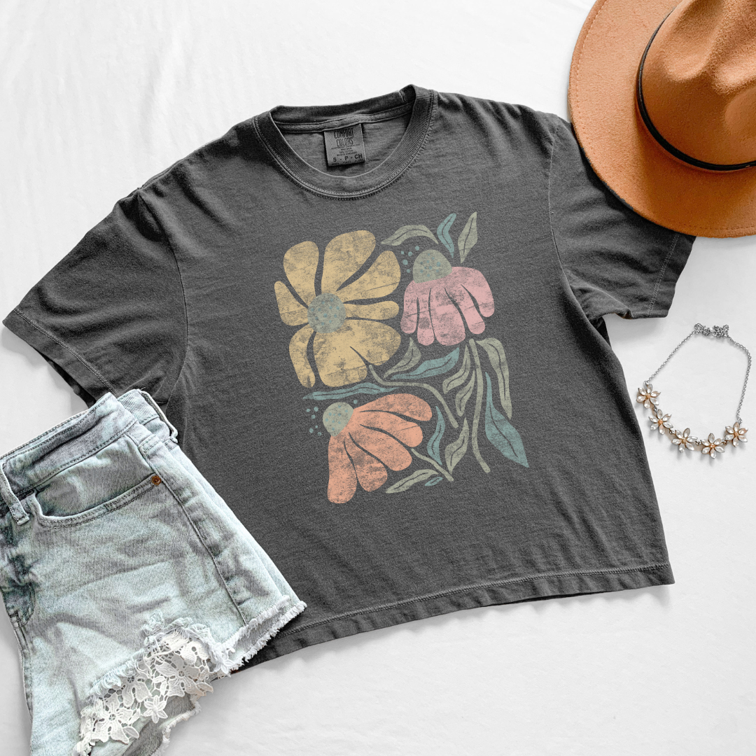 Faded Funky Floral Print - Comfort Colors Boxy Cropped Tee