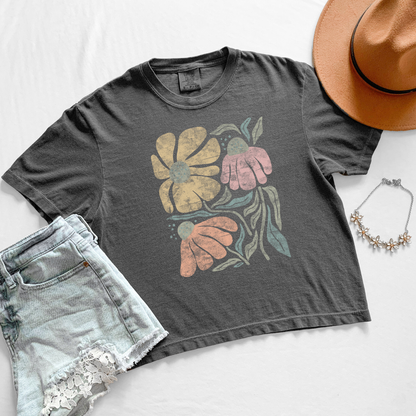 Faded Funky Floral Print - Comfort Colors Boxy Cropped Tee