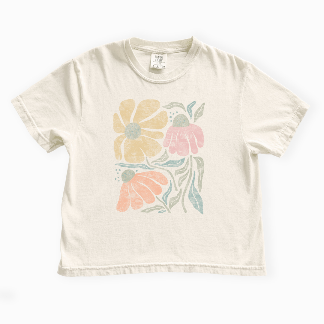 Faded Funky Floral Print - Comfort Colors Boxy Cropped Tee