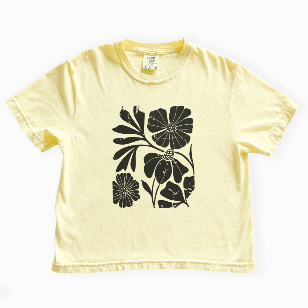 Artistic Boho Floral Print - Comfort Colors Boxy Cropped Tee