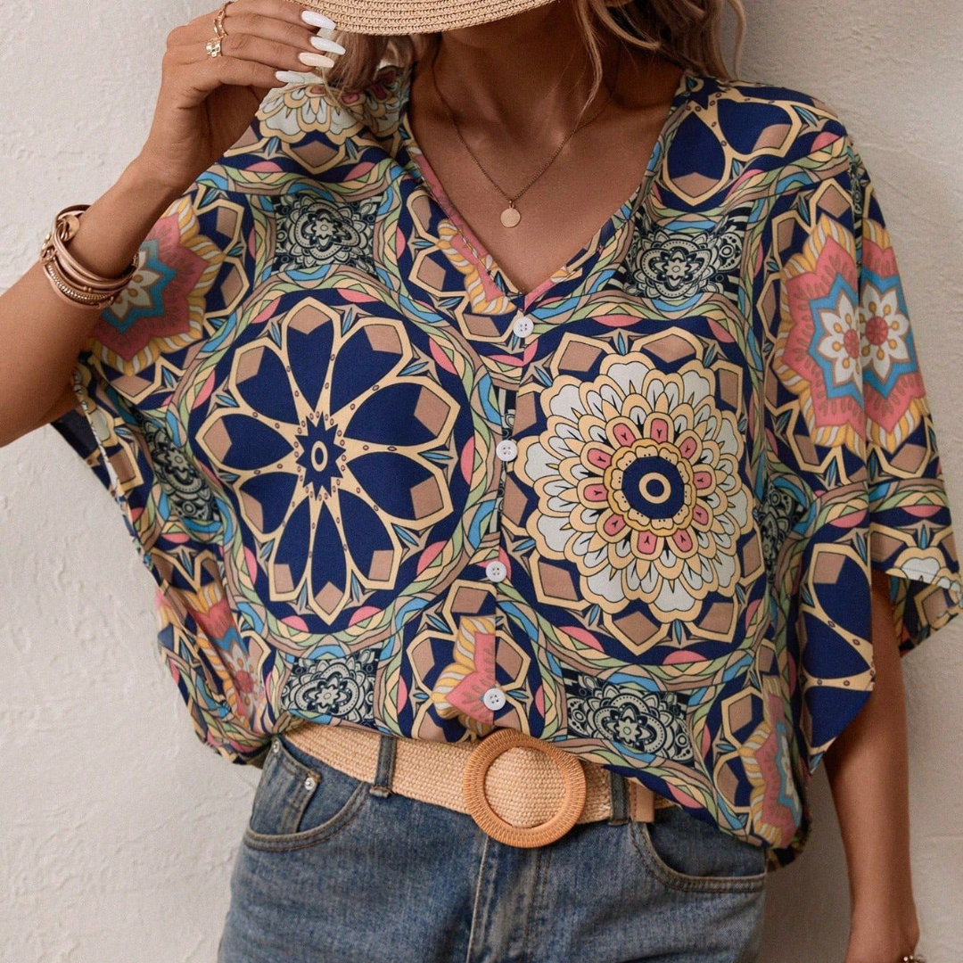 Boho Print V-Neck Short Sleeve Top – Summer Casual