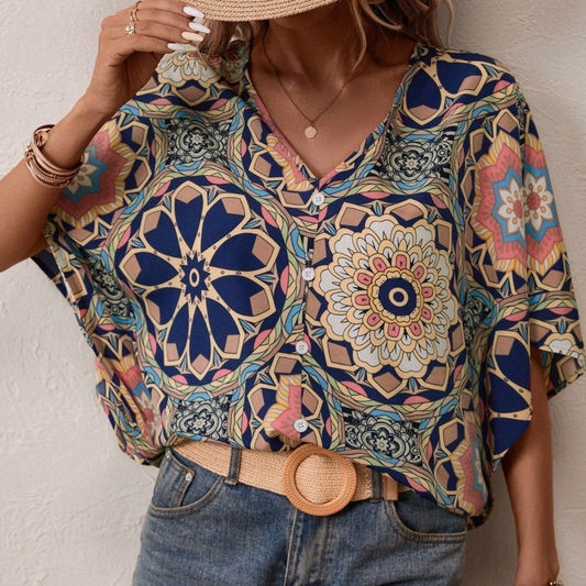 Boho Print V-Neck Short Sleeve Top – Summer Casual