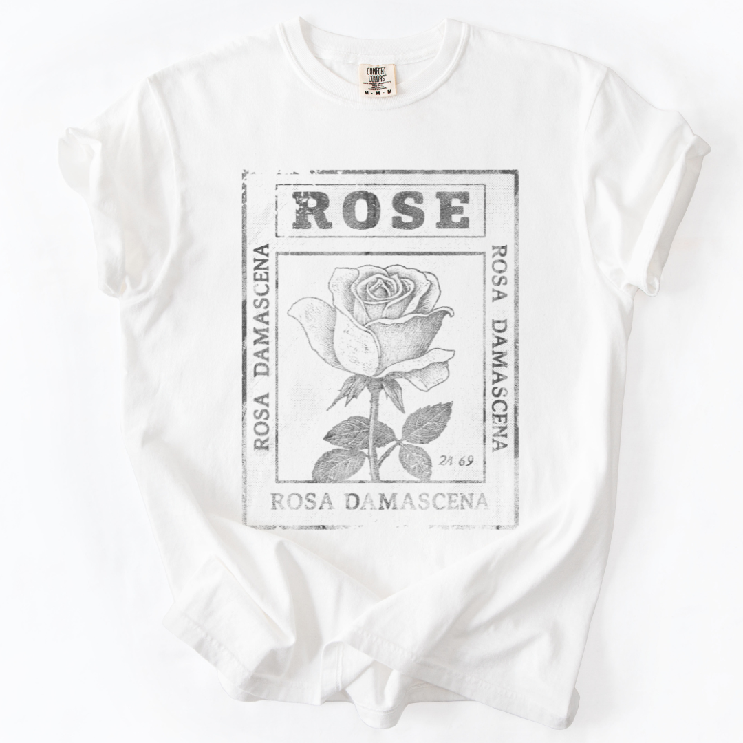 Rosa Damascena, Vintage Faded Print -  Relaxed Fit Vintage Wash T Shirt