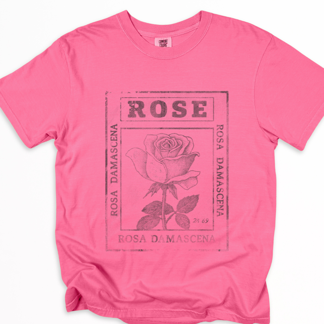 Rosa Damascena, Vintage Faded Print -  Relaxed Fit Vintage Wash T Shirt