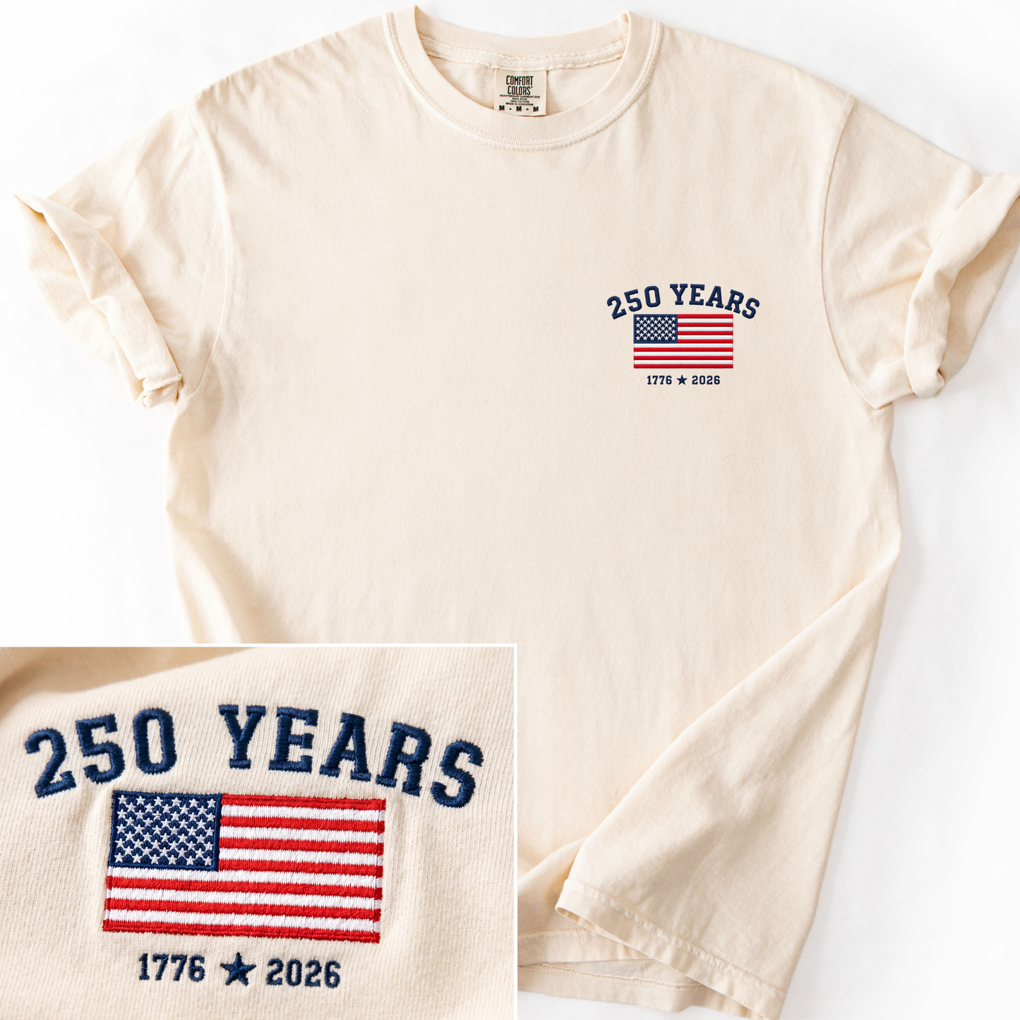 250 Years of Freedom Navy Embroidery - Comfort Colors Relaxed Fit Premium T Shirt
