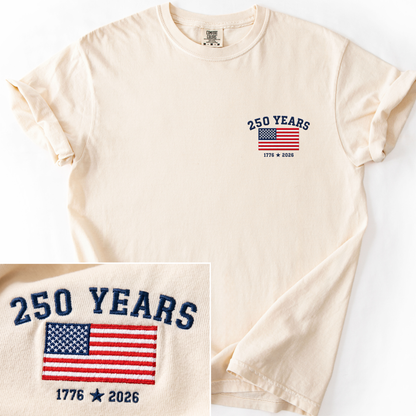 250 Years of Freedom Navy Embroidery - Comfort Colors Relaxed Fit Premium T Shirt