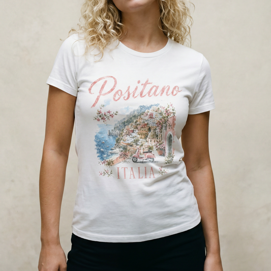 Vintage Positano Painting  - Women's Cut Fitted Tee
