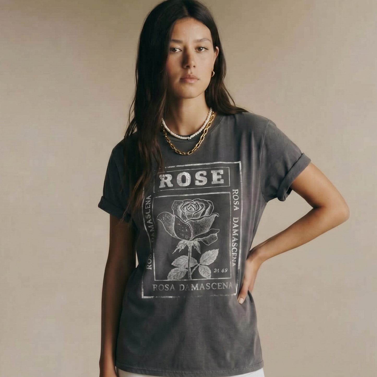Rosa Damascena, Vintage Faded Print - Gildan Lightweight T Shirt