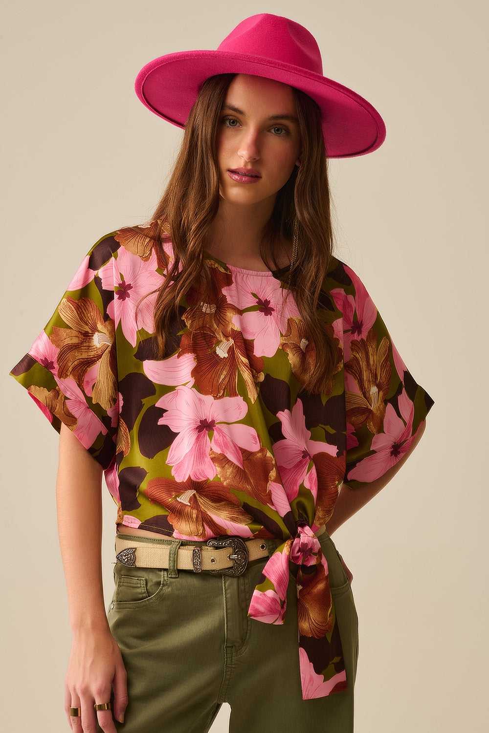 Floral Knot Top With Green Background in Satin Fabric
