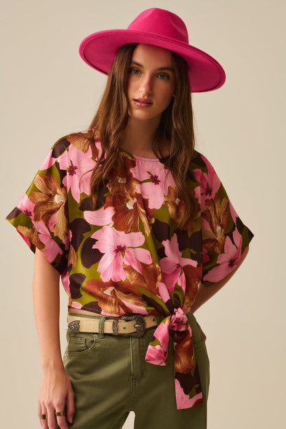 Floral Knot Top With Green Background in Satin Fabric