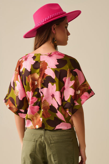 Floral Knot Top With Green Background in Satin Fabric
