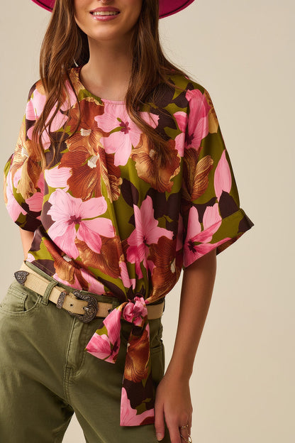 Floral Knot Top With Green Background in Satin Fabric