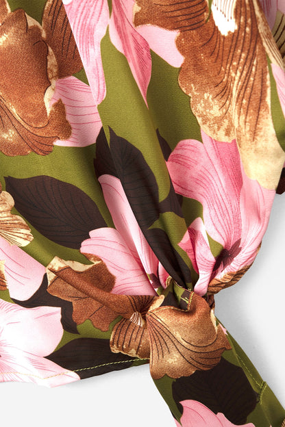 Floral Knot Top With Green Background in Satin Fabric
