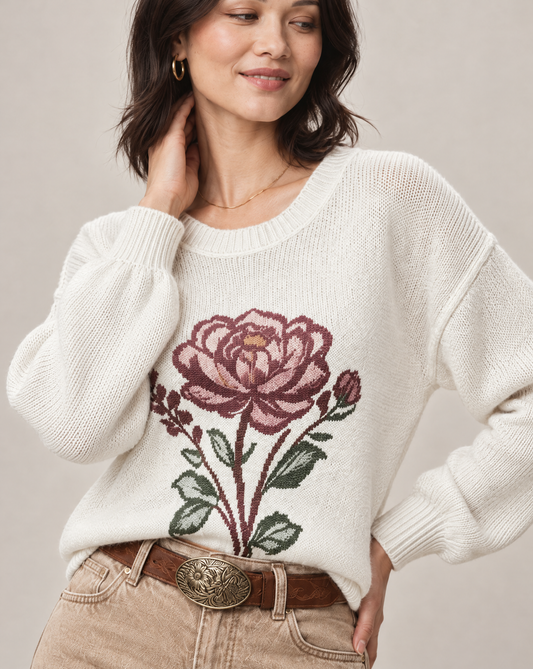 Bohemian Floral Knit Oversized Pullover Sweater for Women
