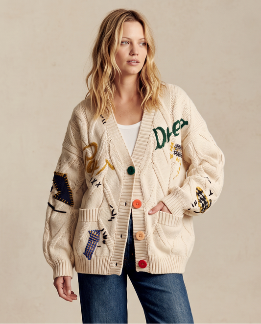 Letter Cable Knit V-Neck Cardigan with Embroidery and Pockets