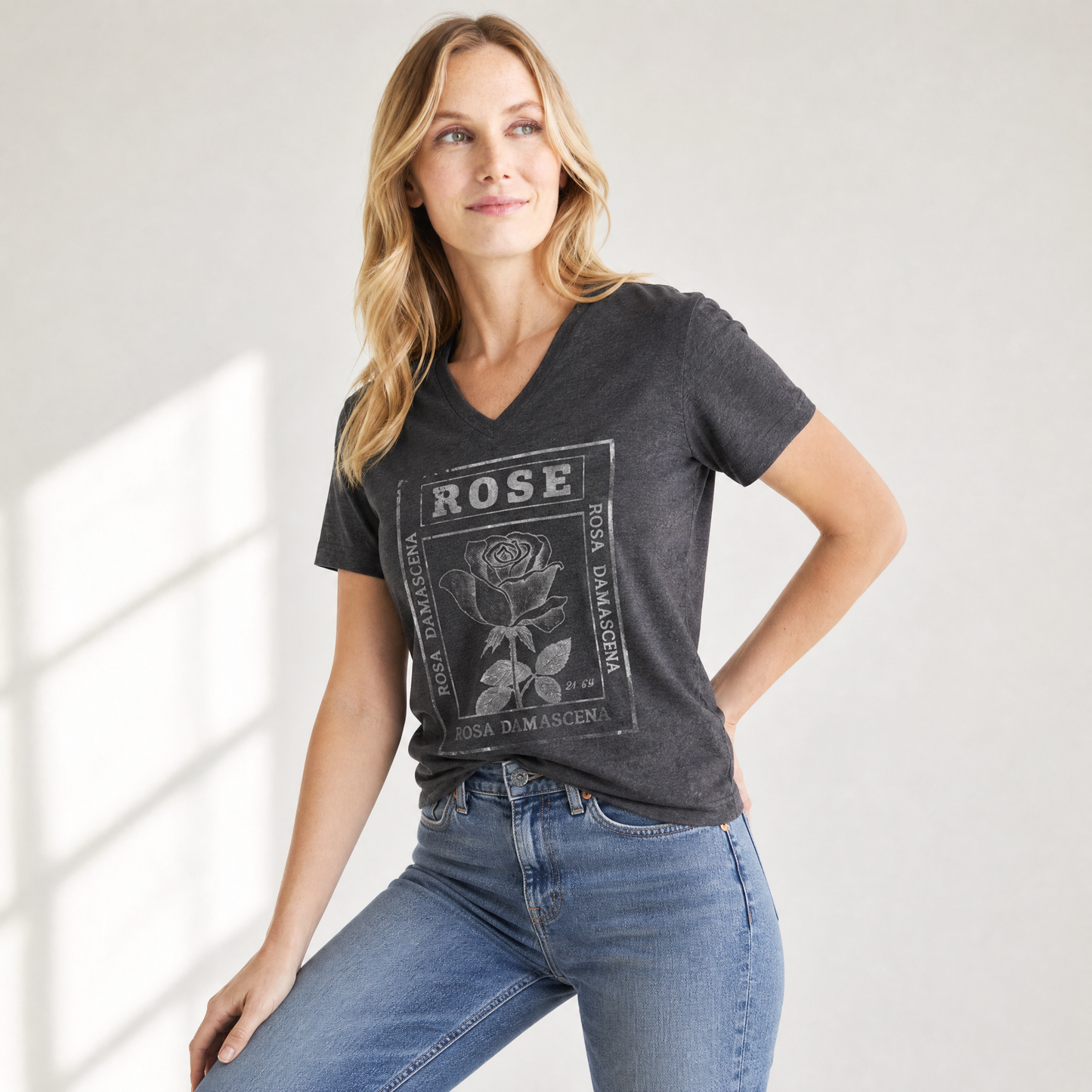 Rosa Damascena, Vintage Faded Print - Super Soft V-Neck