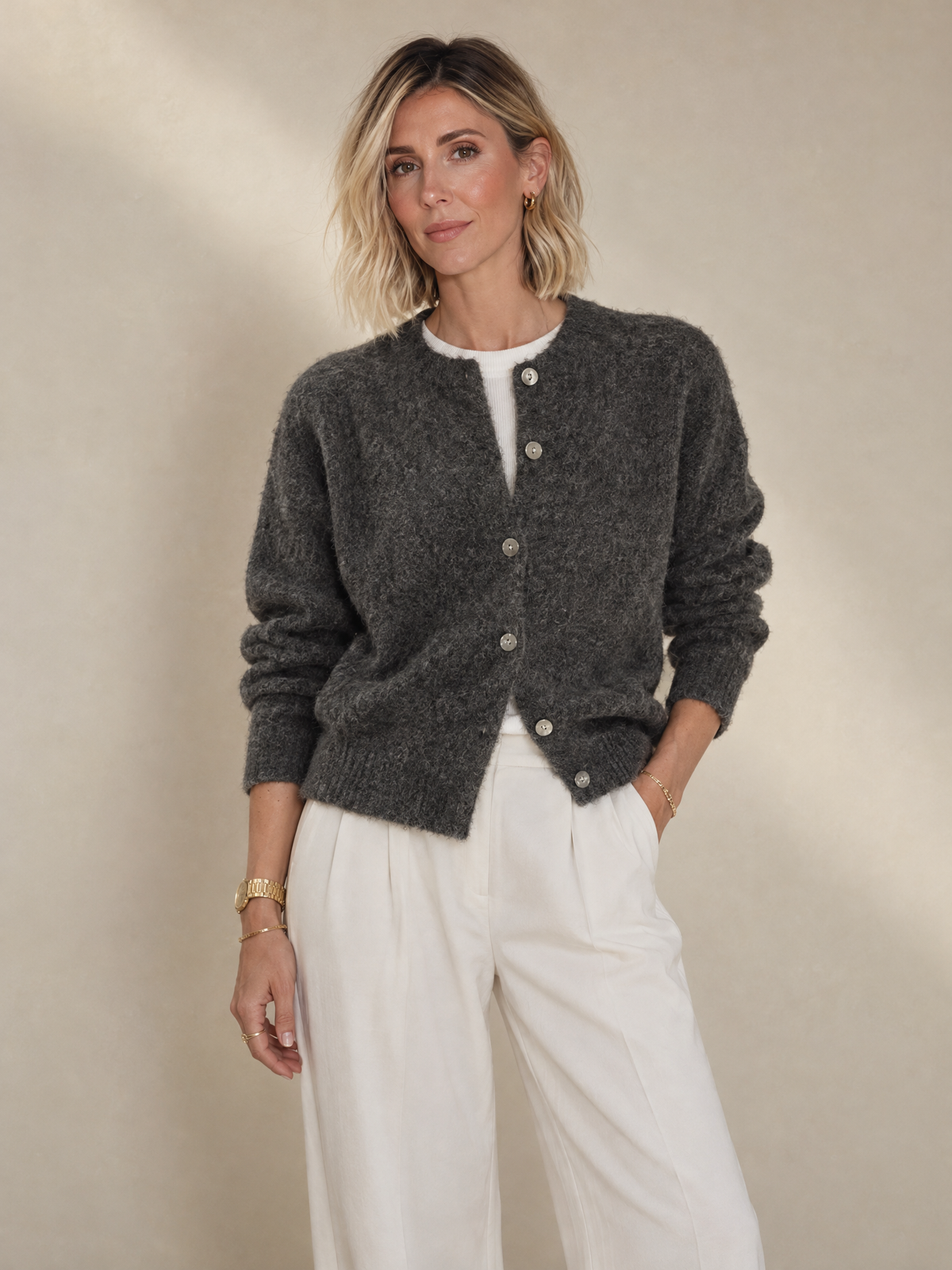 Women's Crew Neck Cardigan Sweater