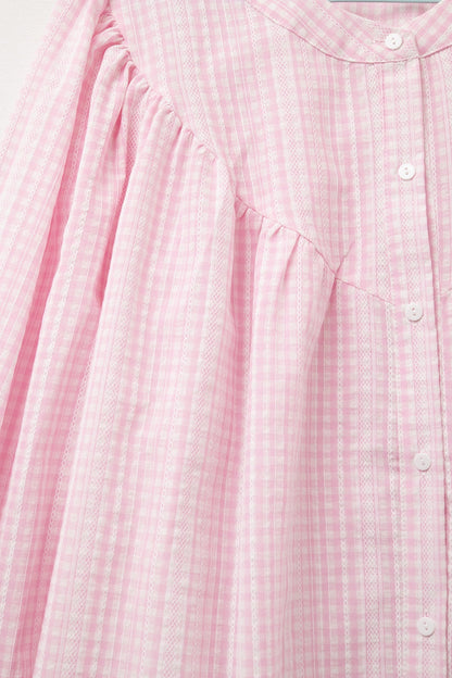Gingham Pale Pink Collarless Blouse With Wide Sleeves