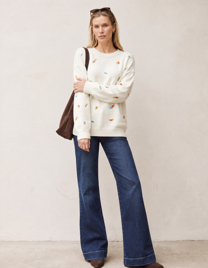 Crew Neck Knit Sweater with Floral Embroidery