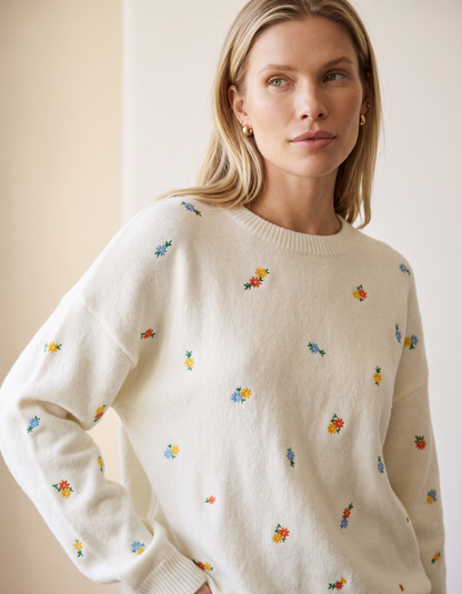 Crew Neck Knit Sweater with Floral Embroidery