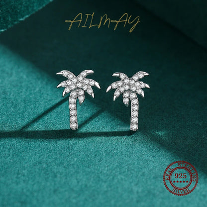 925 Sterling Silver Coconut Tree Clear Zircon Stud Earrings