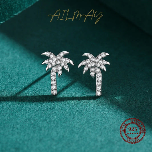 925 Sterling Silver Coconut Tree Clear Zircon Stud Earrings